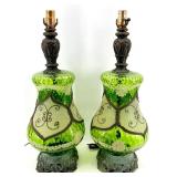 Mid Century Pair Of Green Glass Urn Table Lamps with Ornate Bases