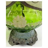 Mid Century Pair Of Green Glass Urn Table Lamps with Ornate Bases
