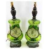 Mid Century Pair Of Green Glass Urn Table Lamps with Ornate Bases