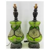 Mid Century Pair Of Green Glass Urn Table Lamps with Ornate Bases