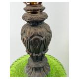 Mid Century Pair Of Green Glass Urn Table Lamps with Ornate Bases