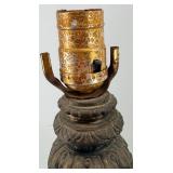 Mid Century Pair Of Green Glass Urn Table Lamps with Ornate Bases