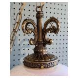 Ornate Vintage Pendant Swag Lamp with Iridescent Glass Shade
