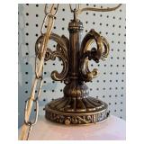 Ornate Vintage Pendant Swag Lamp with Iridescent Glass Shade