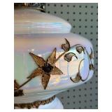 Ornate Vintage Pendant Swag Lamp with Iridescent Glass Shade