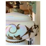 Ornate Vintage Pendant Swag Lamp with Iridescent Glass Shade
