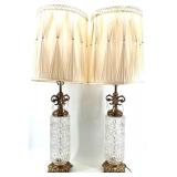 Pair of Vintage Brass & Crystal Table Lamps With Pleated Cream Shades