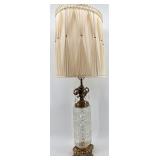 Pair of Vintage Brass & Crystal Table Lamps With Pleated Cream Shades