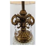 Pair of Vintage Brass & Crystal Table Lamps With Pleated Cream Shades