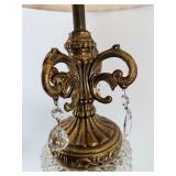 Pair of Vintage Brass & Crystal Table Lamps With Pleated Cream Shades