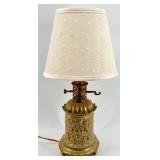 Vintage Robert Abbey - Brass Table Lamp with Ornate Embossed Green Man Base & Fabric Shade