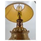 Vintage Robert Abbey - Brass Table Lamp with Ornate Embossed Green Man Base & Fabric Shade
