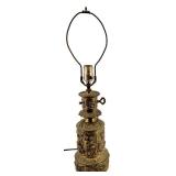 Antique Brass Table Lamp With Ornate Relief Figures & Filigree Base