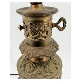 Antique Brass Table Lamp With Ornate Relief Figures & Filigree Base