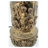 Antique Brass Table Lamp With Ornate Relief Figures & Filigree Base