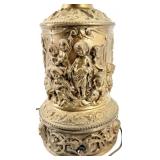 Antique Brass Table Lamp With Ornate Relief Figures & Filigree Base