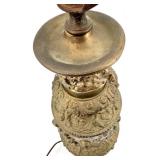Antique Brass Table Lamp With Ornate Relief Figures & Filigree Base