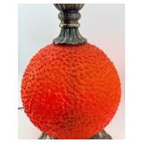 Vintage Mid Century Red/Orange Hobnail Glass Table Lamp with Ornate Metal Base