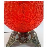 Vintage Mid Century Red/Orange Hobnail Glass Table Lamp with Ornate Metal Base