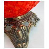 Vintage Mid Century Red/Orange Hobnail Glass Table Lamp with Ornate Metal Base