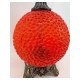 Vintage Mid Century Red/Orange Hobnail Glass Table Lamp with Ornate Metal Base