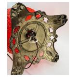 Vintage Mid Century Red/Orange Hobnail Glass Table Lamp with Ornate Metal Base