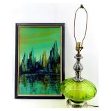 Turner Harbor Views I Wall Accessory Painting & Vintage Green Glass Lamp