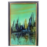 Turner Harbor Views I Wall Accessory Painting & Vintage Green Glass Lamp