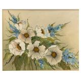 Framed, Signed Watercolor Floral Bouquet with White Daisies & Blue Accents