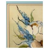 Framed, Signed Watercolor Floral Bouquet with White Daisies & Blue Accents