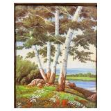 Birch Tree Landscape Dimensional Textile Art in Wood Frame