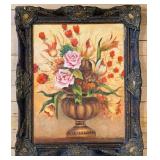 Floral Still Life Painting in Ornate Blue Frame