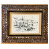 Julio Amaro Framed Maritime Print of Fishermen on Beach in Ornate Hardwood Frame