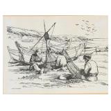 Julio Amaro Framed Maritime Print of Fishermen on Beach in Ornate Hardwood Frame