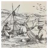 Julio Amaro Framed Maritime Print of Fishermen on Beach in Ornate Hardwood Frame