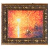 Leonid Afremov Sunset Sailboat Reproduction on Canvas Painting & Ornate Gold Frame