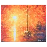 Leonid Afremov Sunset Sailboat Reproduction on Canvas Painting & Ornate Gold Frame