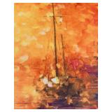 Leonid Afremov Sunset Sailboat Reproduction on Canvas Painting & Ornate Gold Frame