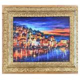 Leonid Afremov Style Harbor Sunset Cityscape Print with Ornate Gold Frame