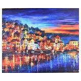 Leonid Afremov Style Harbor Sunset Cityscape Print with Ornate Gold Frame