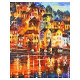 Leonid Afremov Style Harbor Sunset Cityscape Print with Ornate Gold Frame