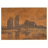 Oil Landscape Reproduction Painting In Ornate Gilt Frame With Crackled Surface