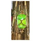 Mid Century Green Glass Hanging Lantern Chandelier with Brass Chains
