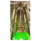 Mid Century Green Glass Hanging Lantern Chandelier with Brass Chains