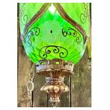 Mid Century Green Glass Hanging Lantern Chandelier with Brass Chains