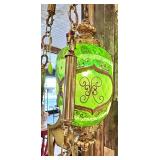 Mid Century Green Glass Hanging Lantern Chandelier with Brass Chains