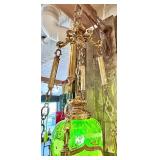 Mid Century Green Glass Hanging Lantern Chandelier with Brass Chains