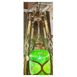 Mid Century Green Glass Hanging Lantern Chandelier with Brass Chains