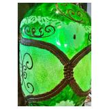 Mid Century Green Glass Hanging Lantern Chandelier with Brass Chains