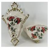 Pair of Majolica Floral Wall Pockets & Shell Plaque Crackled White Glaze & Gold Trim